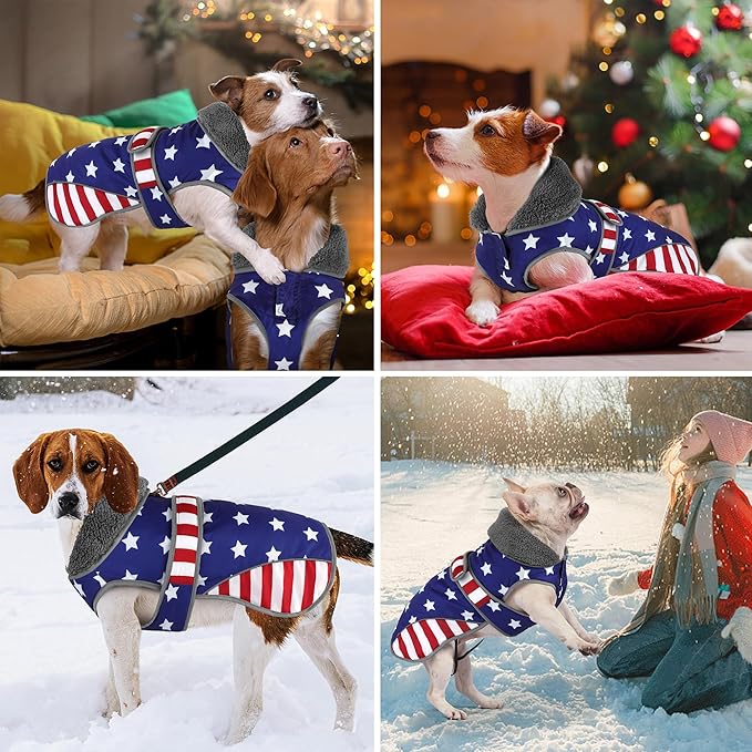 Dogcheer Dog Coat, American Flag Dog Jacket Waterproof Puppy Winter Coat for Cold Weather, Reflective Adjustable Pet Snow Jacket Fleece Sweater for Small Medium Large Dogs - USA Flag, S