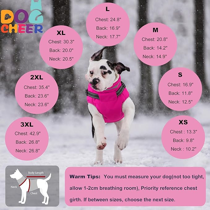 Dogcheer Dog Coat with Harness, Waterproof Warm Dog Winter Jacket with Pockets, Reflective Pet Fleece Jacket Turtleneck Snowsuit for Small Medium Large Dogs - Pink, XL