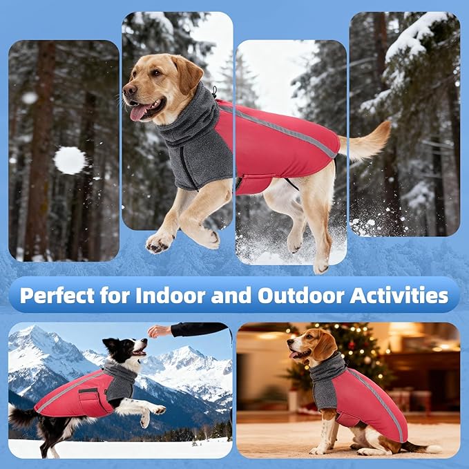 SlowTon Winter Dog Coat, Warm Polar Fleece Lining Doggie Outdoor Jacket with Turtleneck Scarf Reflective Stripe Adjustable Waterproof Windproof Puppy Vest Soft Pet Outfits (XL,Red)