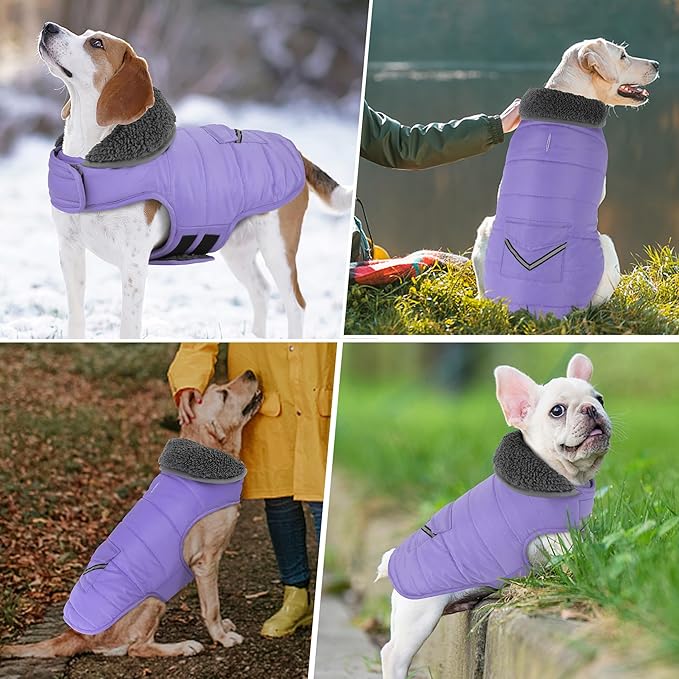 Dog Coat, Waterproof Dog Winter Jacket with Pocket, Reflective Adjustable Pet Snow Vest, Warm Cozy Fleece Sweater for Small Medium Extra Large Dogs - Light Purple, 2XL