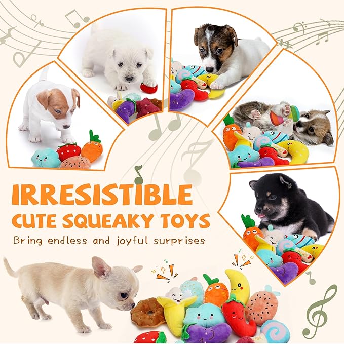 Charming Chorus 20-Pack Squeaky Dog Toys Set - Included 4 Dog Bags, Plush Puppy Toys with Irresistibly Cute Characters for Small Dogs, Interactive Dog Squeak Toys for Fun&Teeth Cleaning