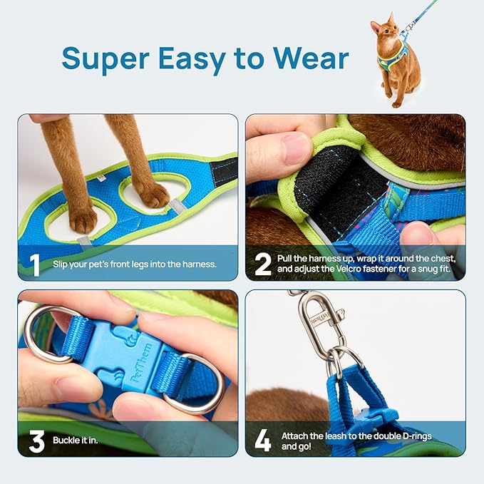 Cat Harness and Leash Set, Step-in Escape Proof Adjustable Vest Harness for Small Medium Large Cats, Lightweight Soft Breathable Reflective Kitten Harness for Walking Travel, Camping(Hawaii Green, S)