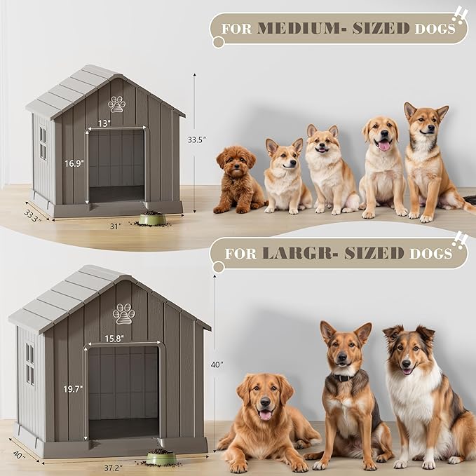 Dog House Outdoor Indoor - Waterproof, Ventilated, Easy to Clean, Elevated Floor for Small-Large Dogs, Easy to Assemble (Grey, 37.2" L x 40" W x 40" H)