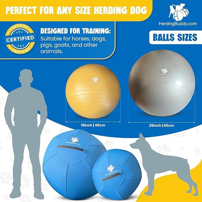 Herding Ball for Dogs - 18β Cover for Corgi, Collie, Cattle & All Herding Dogs Under 27 Pounds - Heavy Duty Dual Layered Cover - Thick Anti-Burst Inner Ball - High Flow Foot Pump