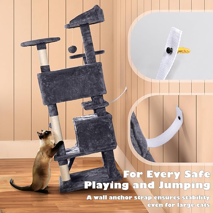 Yaheetech 54in Cat Tree, Multi-Level Cat Tower with Spacious Kitten-ear Perch, 2 Cozy Caves, Scratching Posts, Climbing Ladder, 2 Plush Balls, Durable Pet House Furniture for Indoor Kittens, Dark Gray