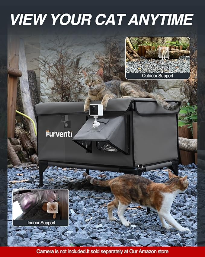 Heated Cat House for Outside,Dual Camera Mounts,100% Weatherproof & Extremely Insulated,Elevated Feral Cat Shelter with Escape Door,Waterproof Eaves for Outdoor Stray Barn Cat(Dark Grey,M)