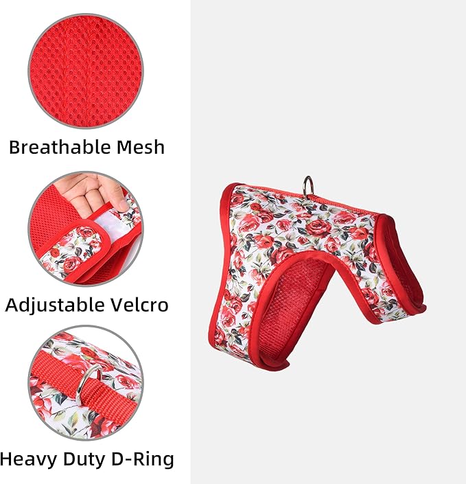 Mile High Life Dog Harness, Air Mesh Floral Vest Harness for 20 lbs Small Dogs & Cats, Easy Get on Adjustable Easy Closures Both Neck and Chest(Red Rose, XS Chest 14"-16")