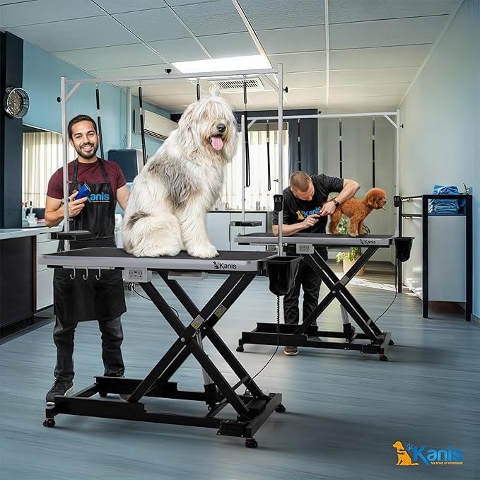 KANIS Professional Electric Dog Grooming Table - Heavy Duty, Height Adjustable Pet Grooming Table w/Leveling Wheels, Grooming Arm, Anti Slip Tabletop & Tool Organizer/Dog Grooming Station (49", BLACK)