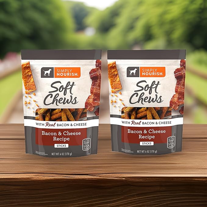 Wiggles & Wags Meaty Sticks, Also Known as Bacon & Cheese Soft Chews, Soft & Chewy Dog Treats for Adult Dogs, Made with Real Beef, 2-6 Oz Packs Bundled with Dog Poop Bag by Gokul Brands