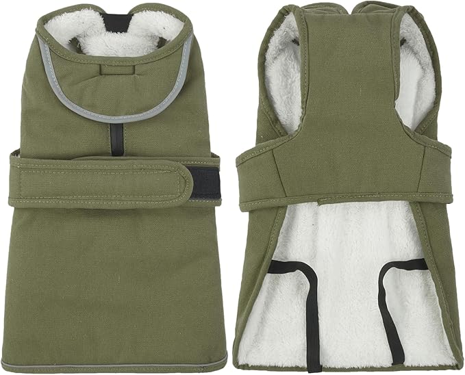 Kuoser Canvas Dog Coat, Warm Dog Jacket Reflective Fleece Pet Cold Weather Coat, Warm Doggie Clothes Waterproof Winter Vest with Zipper Leash Hole for Small Medium Large Dogs, Army Green L