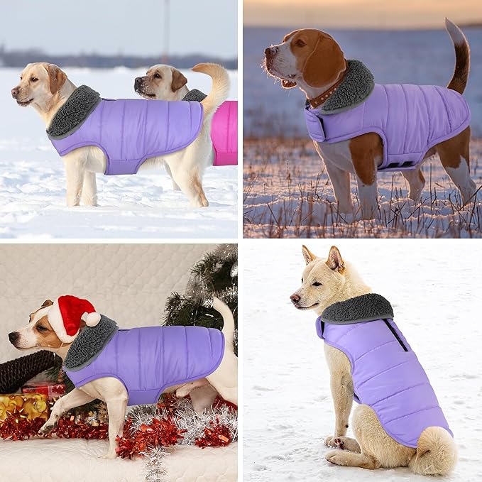 Dog Winter Coat, Waterproof Dog Jacket with Leash Hole, Reflective Adjustable Pet Snow Vest, Warm Fleece Sweater for Small Medium Large Dogs - Light Purple, M