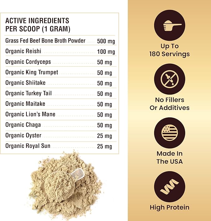 Beef Bone Broth for Dogs - Dog Bone Broth Powder with Ten Organic Mushrooms - High Protein + Ten Mushroom Supplement for Joint Flexibility, Immune Support, Cognition, Vitality, Hydration - 90 Scoops
