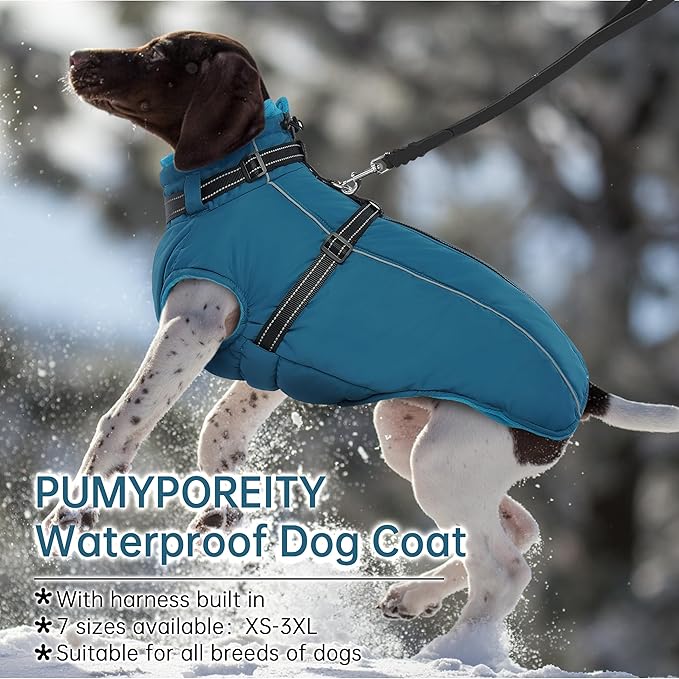 PUMYPOREITY Snow Jacket for Large Dogs Waterproof, Warm Dog Winter Coat with Harness Built in, Fleece Jacket with Back Zipper, Cold Weather Coats for Outdoor, Windproof Pet Snowsuit, Blue, 2XL