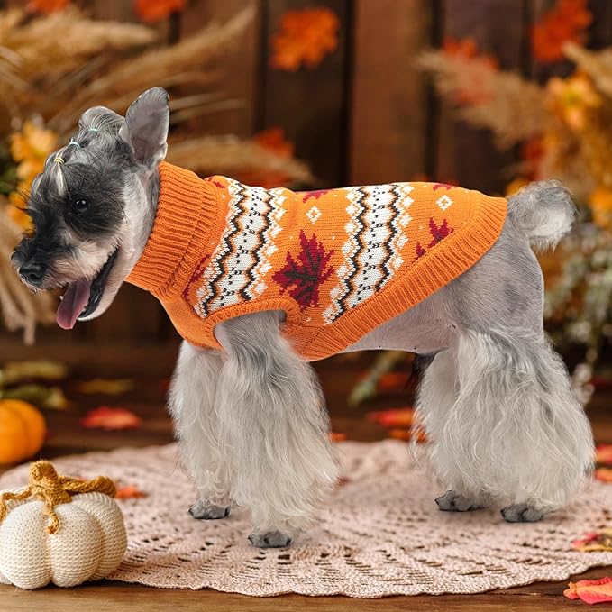 KOOLTAIL Cable Knit Dog Sweater Turtleneck, Cold Weather Pullover Classic Knitwear, Thick Warm Winter Pet Clothes, Fall Maple Leaves Thanksgiving Dog Sweater for Small Medium Large Dogs Cats,Orange XL