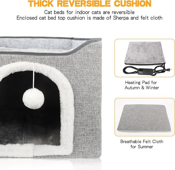 Heated Cat Bed for Indoor Cats, Foldable Cat House with Removable Heating Pad for Cats Small Dog Covered Cat Bed Cave Kitty Hideaway with with Scratch Pad, All Season Use