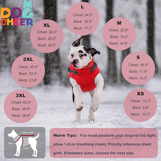 Dogcheer Dog Coat with Harness, Waterproof Warm Dog Winter Jacket with Pockets, Reflective Pet Fleece Jacket Turtleneck Snowsuit for Small Medium Large Dogs - Red, S