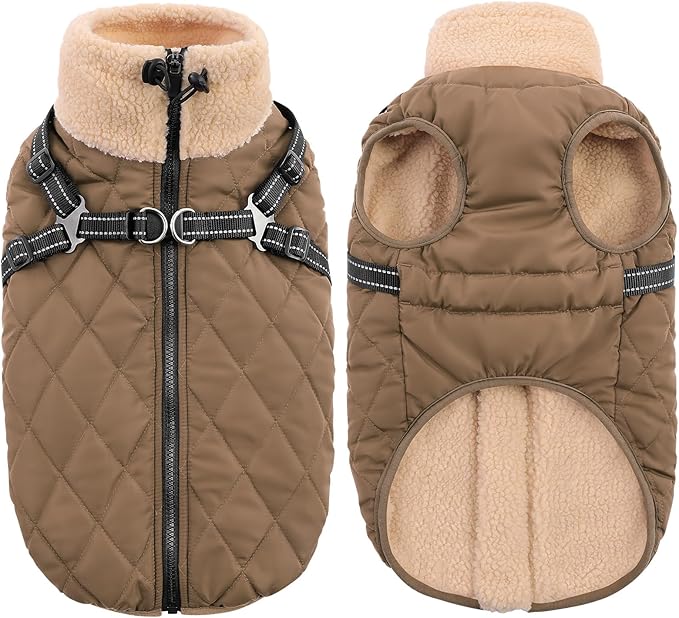 Queenmore Dog Jackets for Large Dogs, Dog Coat with Harness Built-in, Thick Fleece Lining Waterproof Jacket for Large Breeds, Back Zipper Pet Winter Jacket for Retriever, Labrador, Brown XL