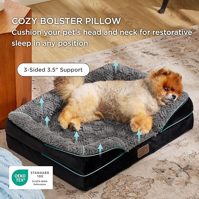 Bedsure Orthopedic Dog Beds for Small Dogs - Washable Small Dog Cat Bed Waterproof, Comfort Pet Couch Sofa with Washable Removable Cover, Pets Bed with Nonskid Bottom, Plush-Black, 24"