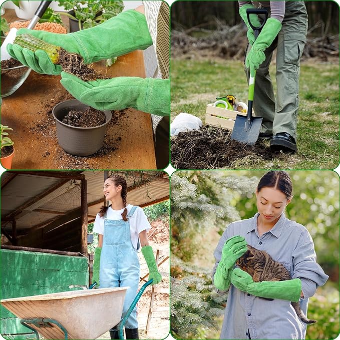 HANDLANDY Leather Gardening Gloves, Thorn Proof Long Gauntlet Heavy Duty Garden Gloves, Elbow Length Rose Pruning Weeding Yard Glove (Large, Green)