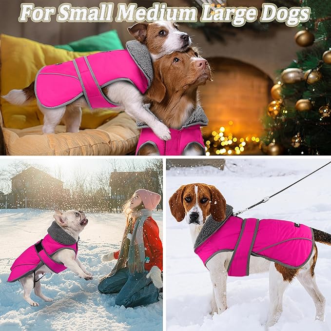 Dogcheer Dog Coat, Waterproof Dog Jacket Reflective Pet Winter Coat with Adjustable Hook & Loop, Christmas Puppy Fleece Jacket Warm Turtleneck Snowsuit for Small Medium Large Dogs - Pink, L