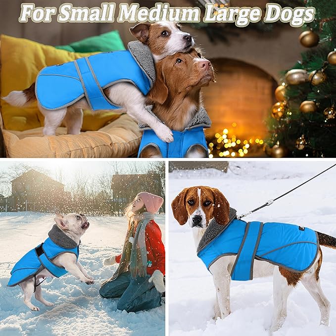 Dogcheer Dog Coat, Waterproof Dog Jacket Reflective Pet Winter Coat with Adjustable Hook & Loop, Christmas Puppy Fleece Jacket Warm Turtleneck Snowsuit for Small Medium Large Dogs - Sky Blue, 3XL