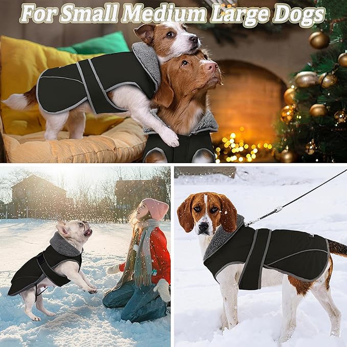 Dogcheer Dog Coat, Waterproof Dog Jacket Reflective Pet Winter Coat with Adjustable Hook & Loop, Christmas Puppy Fleece Jacket Warm Turtleneck Snowsuit for Small Medium Large Dogs - Black, L