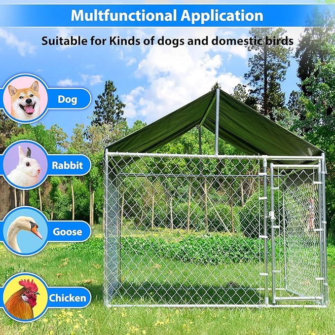 6.8x6.8ft Large Dog Kennel Outdoor, Heavy-Duty Outside Dog Kennel with Roof, Security Latch-Lock Door, Chain-Link Dog Enclosure Dog Run for Yard with Cover