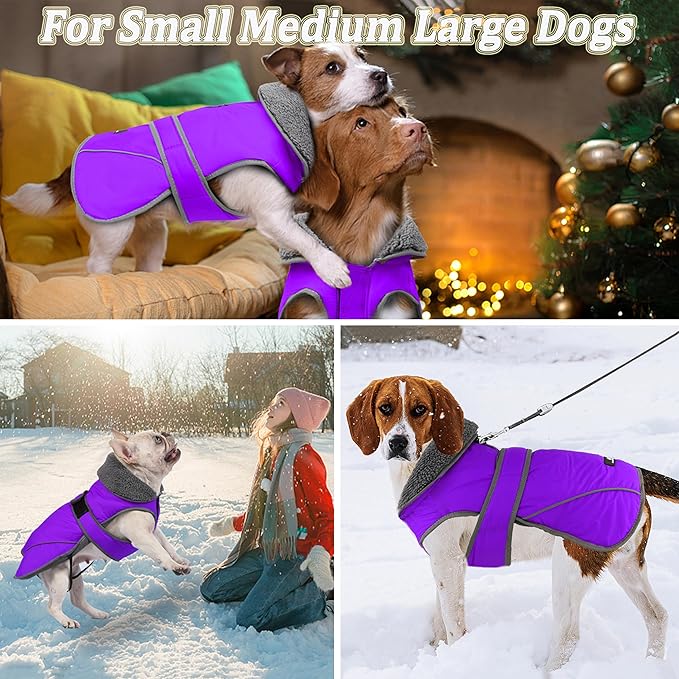 Dogcheer Dog Coat, Waterproof Dog Jacket Reflective Pet Winter Coat with Adjustable Hook & Loop, Christmas Puppy Fleece Jacket Warm Turtleneck Snowsuit for Small Medium Large Dogs - Purple, XL