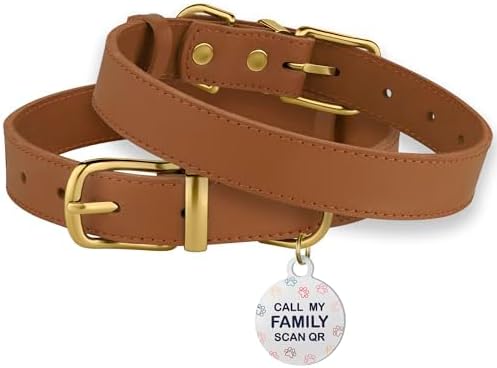 BRONZEDOG Leather Dog Collar with QR ID Tag Basic Pet Collars for Small Mini Dogs Cats Puppies (7-9 Inch (Pack of 1), Light Brown & Gold Buckle)