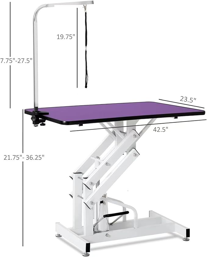 Hydraulic Dog Pet Grooming Table, 42 Inch Heavy Duty Z Lift Structure Professional Dog Grooming Table Suitable for Large Dogs at Home with Adjustable Arms, Clamps and 2 Grooming Noose, Purple