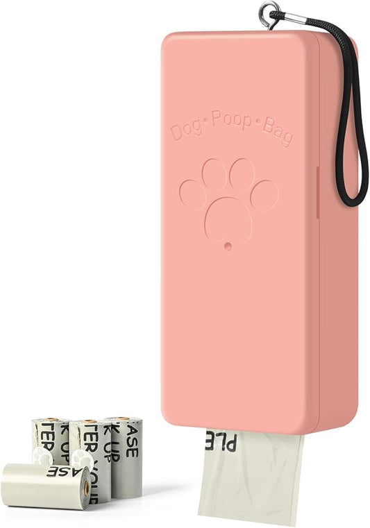 Dog Poop Bag Dispenser, Wall-Mounted dispenser Outdoor or Indoor for Doggy and Pets, Pink Dog Poop Bag Holder for Yard and Park, Included 4 Rolls (60 Bags)