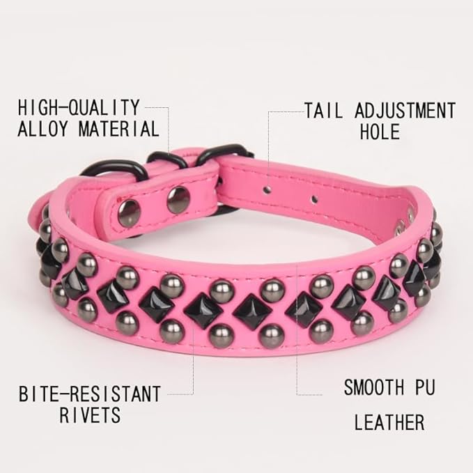Serijoars Spiked Studded PU Leather Dog Collar for Small, Medium, Large Breeds, Pit Bull, Bully, Husky, Terrier, Adjustable (Pink, S (27-33CM))