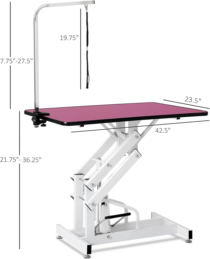 Hydraulic Dog Pet Grooming Table, 42 Inch Heavy Duty Z Lift Structure Professional Dog Grooming Table Suitable for Large Dogs at Home with Adjustable Arms, Clamps and 2 Grooming Noose, Pink