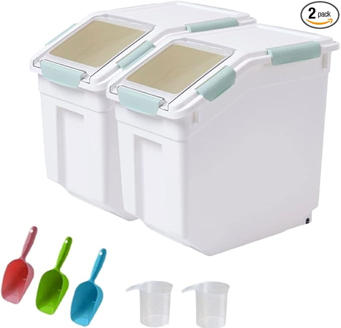 Large Flour Storage Container 25lb, 2 Pack BPA FREE Plastic Airtight Rice Storage Bin Pantry and Kitchen Food Organization, Barrel Measuring Cup and Airtight Lid for Sugar [Green ]