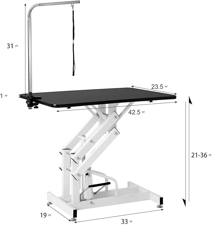 42.5" Hydraulic Dog Grooming Table for Large Dogs Heavy Duty Height Adjustable Dog Grooming Table with Overhead Arm & Noose Height Range 21-36 inch Black