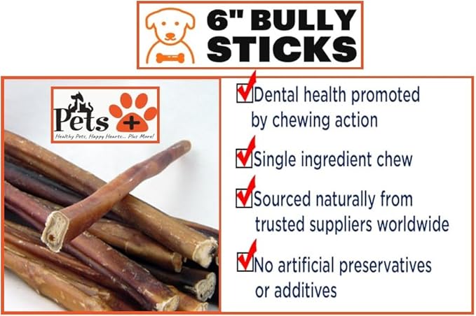 Pets Plus Premium Bart's Bully Sticks for Dogs – 6 Inch, Medium Size, All-Natural, Long-Lasting Chews for Moderate Chewers – High Protein, Low Odor, Grain-Free (5-Pack)