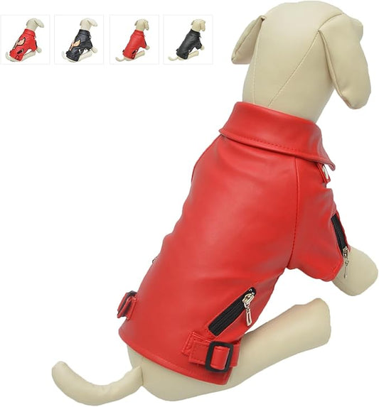 Lovelonglong Cool Dog Leather Jacket, Warm Coats Dogs Windproof Cold Weather Coats for Large Medium Small Dogs, Miniature Schnauzers Clothing Red L