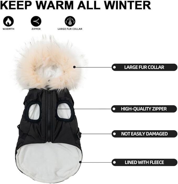 PINA Winter Coat - Waterproof Dog Jacket with Faux Fur Hood, Reflective Strap for Small to Large Dogs, Black, XL