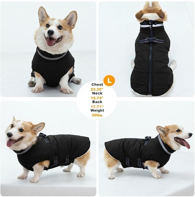 Small Dog Coat with Harness Built-in, Waterproof Reflective Fleece Lined - Warm Windproof Winter Jacket with Back Zipper, Cold Weather Snow Dog Coats - Black - XS
