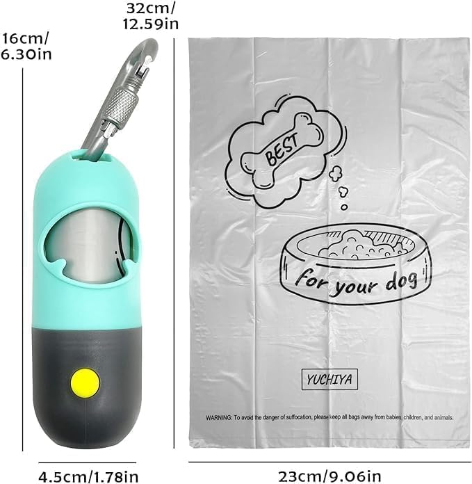 Dog Poop Bags Holder with LED Flashlight|Pet Waste Bags Dispenser for Leash|Doggie Potty Bags Container with Leak-proof Pet Trash Bags and Accessories (1 Holder 15 Bags, Mint Green)