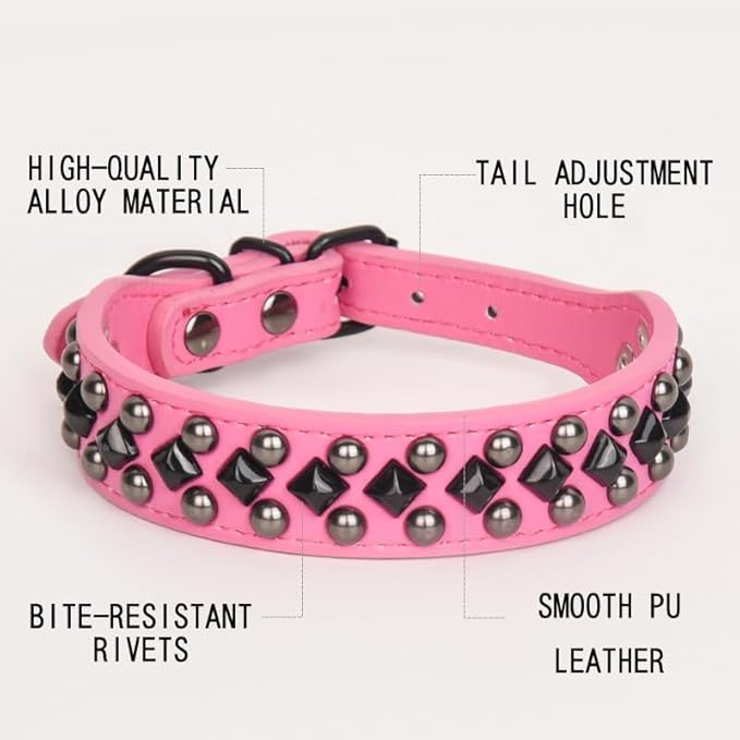 Serijoars Spiked Studded PU Leather Dog Collar for Small, Medium, Large Breeds, Pit Bull, Bully, Husky, Terrier, Adjustable (Hot Pink, XXL (50-57CM))