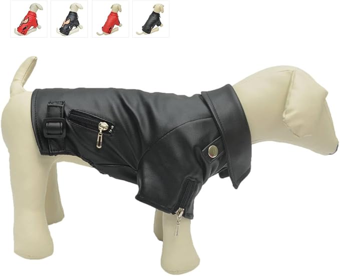 Lovelonglong Cool Dog Leather Jacket, Warm Coats Dogs Windproof Cold Weather Coats for Pugs Bulldog Pitbull Black B-S