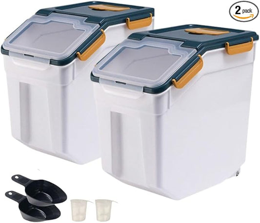 2 Pack Rice Storage Container 25 lbs, Airtight Flour Storage Containers with Wheels Seal Locking Lid, BPA Free, Rice Bin with Measuring Cup & Scoop for Flour, Sugar, Cereal (Blue)