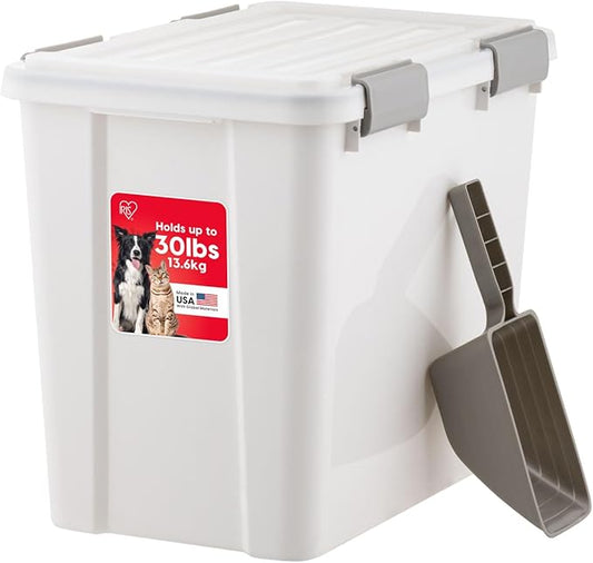 IRIS USA Stackable Dog Food Storage Container with 2 Cup Scoop, 4 Secure Latches, Fits up to 30 lbs, Pet Dry Food Bin, Gasket Seal Lid, BPA Free, Stackable, Easy Measure, White