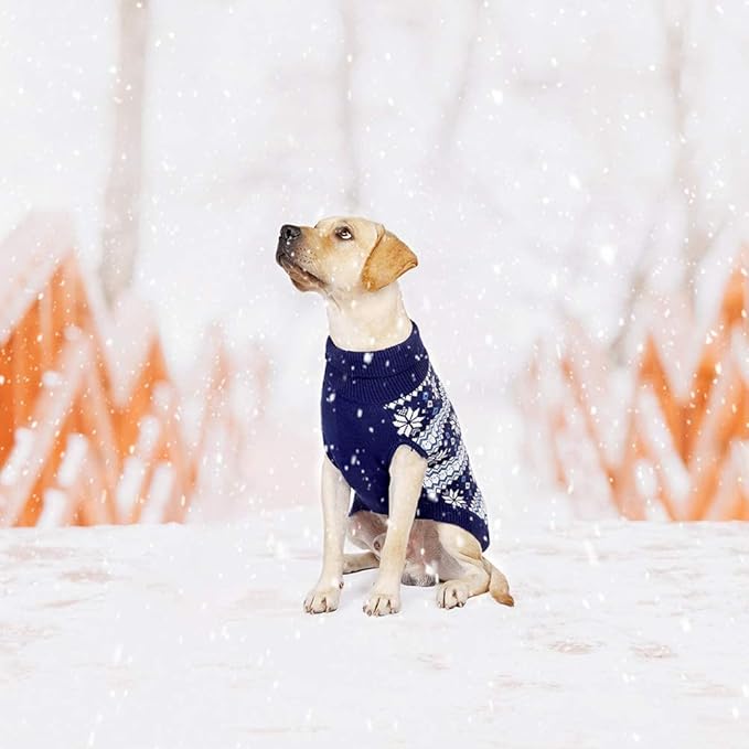 KOOLTAIL Cable Knit Dog Sweater Turtleneck, Cold Weather Pullover Classic Knitwear, Snowflake Pattern Thick Warm Winter Pet Clothes, Dog Christmas Sweater for Small Medium Large Dogs Cats,Navy Blue ML