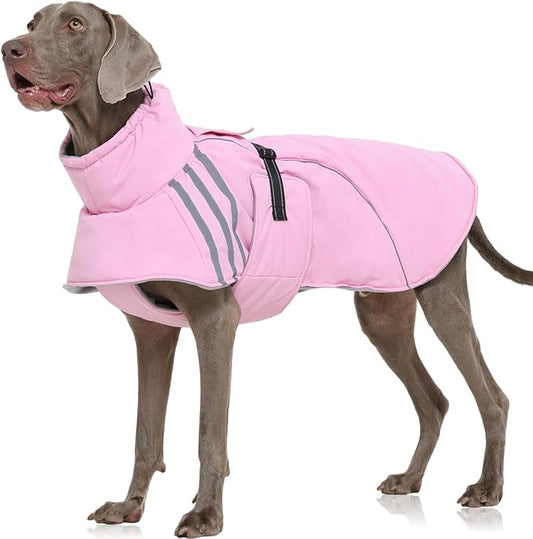FUAMEY Dog Cold Weather Coats,Dog Winter Jackets for Large Dogs Warm Dogs Coat with Reflective Strips Waterproof Pet Snowsuit Thick Paded Pets Vest for Weimar German Shepherd Pink 3XL