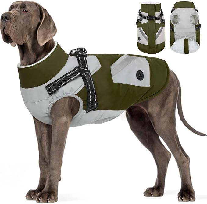 FUAMEY Dog Winter Jackets for Large Dogs,Dog Coat with Harness Built in,Waterproof Dogs Snowsuits Warm Pet Jacket Zip Up Fleece Cold Weather Coats Reflective Puppy Vest with Pocket Green 3XL