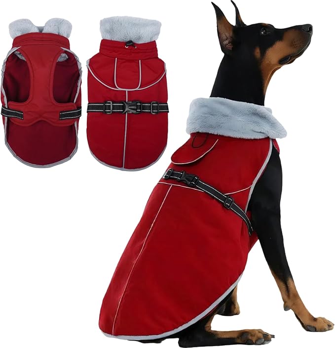 Insulated Relaxed Fit Dog Winter Jacket with Full-Body Reflective Strip, Hard Shell Pet Coat for Outdoor, Waterproof & Adjustable Coats for Large Dogs, Soft Fur Collar Clothes for Beagle(Wine, XL)