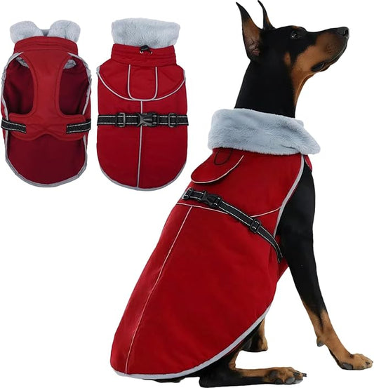 Insulated Relaxed Fit Dog Winter Jacket with Full-Body Reflective Strip, Hard Shell Pet Coat for Outdoor, Waterproof & Adjustable Coats for Large Dogs, Soft Fur Collar Clothes for Beagle(Wine, XL)