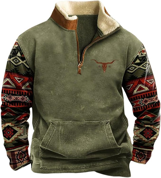HOTYD Western Jackets for Men Cowboy Sweatshirts Vintage Ethnic Graphic Casual Long Sleeve Top 1/4 Zip Pullover Hoodies